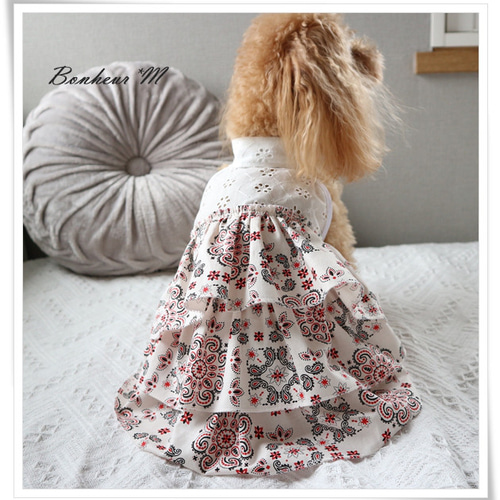犬服〜3段フリルワンピース〜 バンダナ レース ブルー ホワイト
