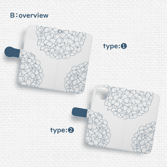 送料無料★ふわり紫陽花Android手帳型スマホケース ネイビーブルー 花 線画 全機種対応 青 紺 藍色 Xperia 9枚目の画像