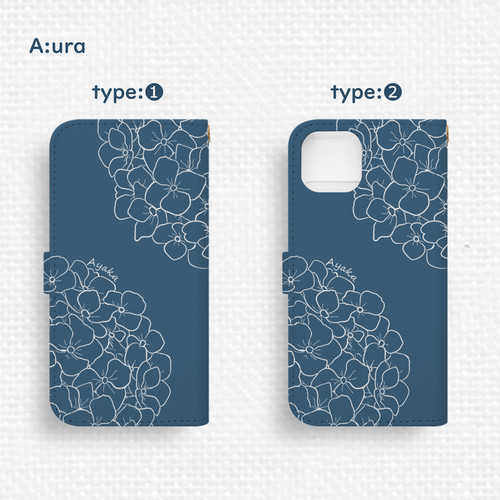 ふわり紫陽花Android手帳型スマホケース ネイビーブルー 花 線画 全
