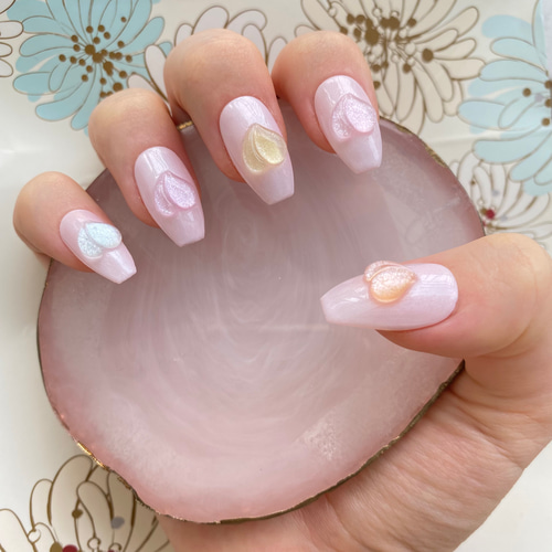 ネイルチップ ワンホン 桃 水滴 フラッフィー c33353d9fc9b879c73ccb50fb635ae