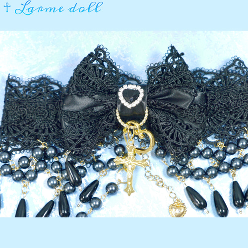 ☥》ロリィタリボンチョーカー ガラスタイプ 遣う 黒【デザイン  