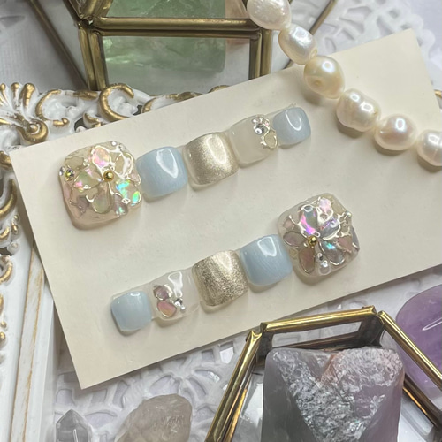 サイズオーダー♡パステルフラワーシェルフットネイルチップ ブルー  