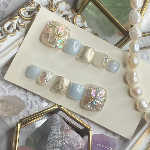 サイズオーダー♡パステルフラワーシェルフットネイルチップ ブルー  