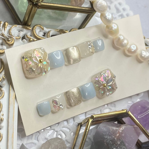 サイズオーダー♡パステルフラワーシェルフットネイルチップ ブルー  