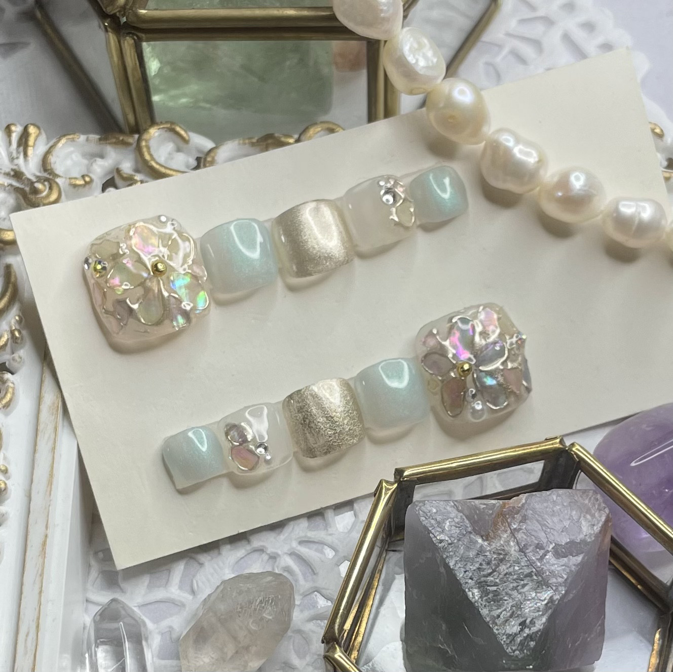 サイズオーダー♡パステルフラワーシェルフットネイルチップ グリーン  