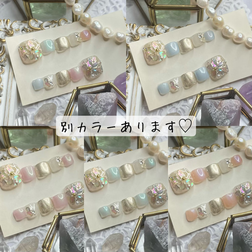 サイズオーダー♡パステルフラワーシェルフットネイルチップ グリーン  