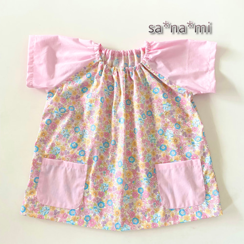 小花柄のスモック ピンク 切替 半袖 80、90、100、110、120サイズ  