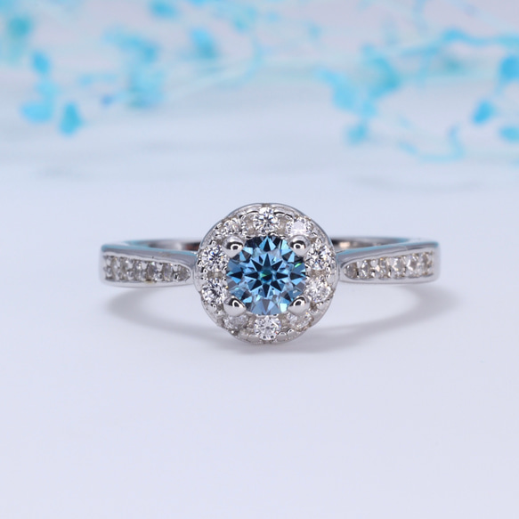 モアサナイト ラウンドヘイロー リング ロイヤルブルーモアサナイト  