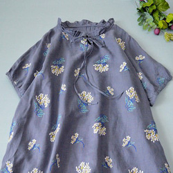 リネン100％紫陽花総刺繍ポケット付きフリル衿大人可愛い半袖ワンピース♪ 1枚目の画像
