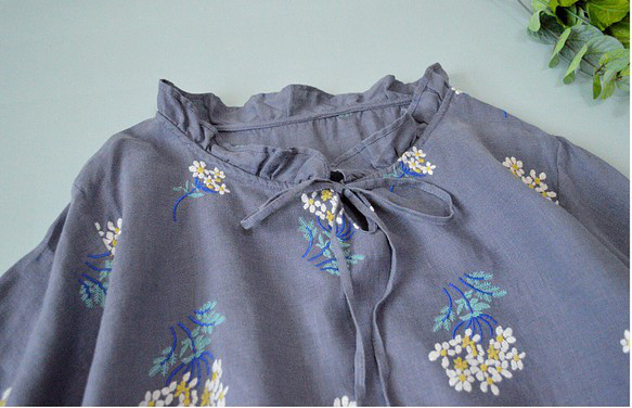リネン100％紫陽花総刺繍ポケット付きフリル衿大人可愛い半袖ワンピース♪ 3枚目の画像