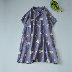 リネン100％紫陽花総刺繍ポケット付きフリル衿大人可愛い半袖ワンピース♪ 2枚目の画像
