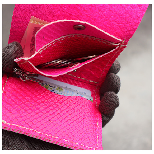 キーホルダー付き革のコンパクト財布/ピンクの革財布/key-pink 4枚目の画像