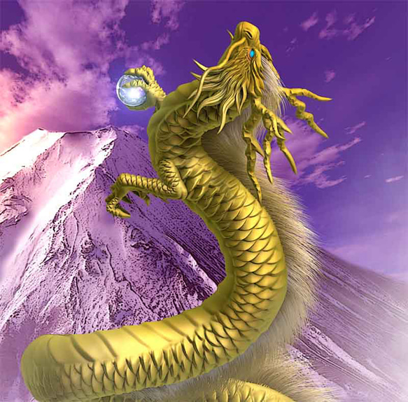 龍の絵「富士と昇龍・金龍・明るめ」自作A4　竜の絵 2枚目の画像