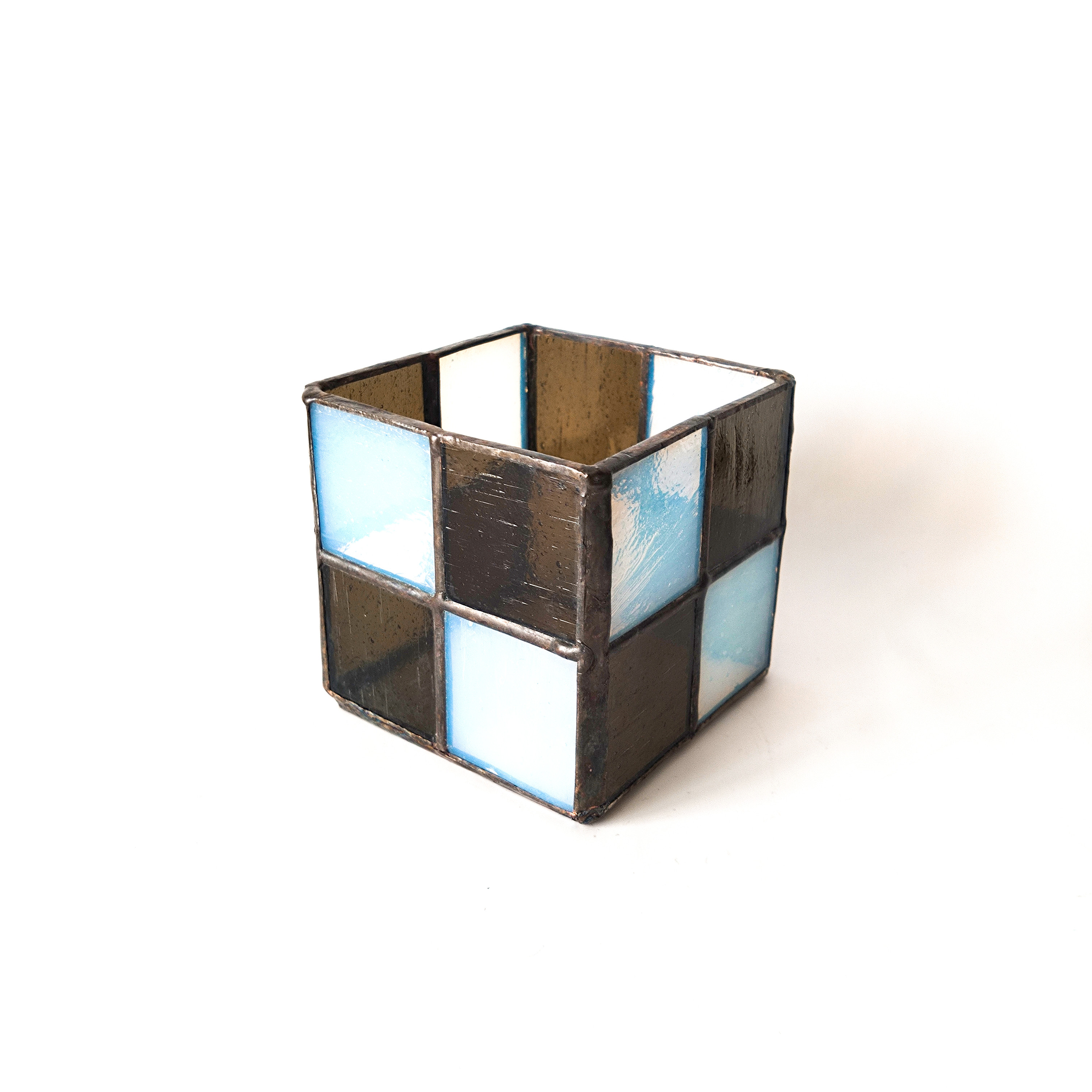 ステンドグラスのキャンドルホルダー・小物入れ　市松模様　ブラック×ホワイト