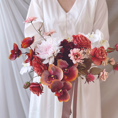 胡蝶蘭とダリアのウェディングブーケ 大人ブーケ テラコッタブーケ