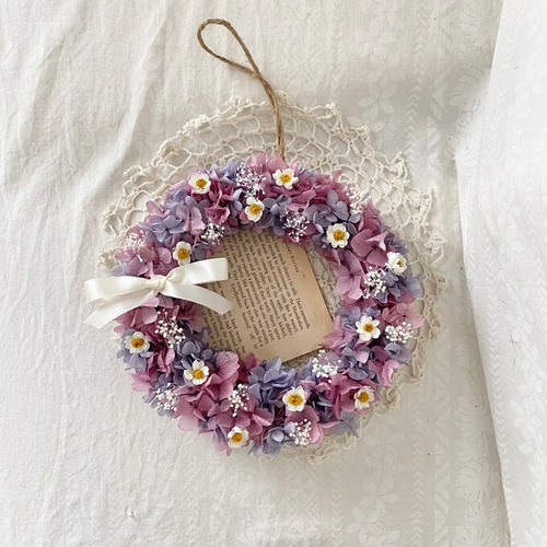 パープルアジサイリース（英字新聞を添えて） ドライフラワー hanayumo