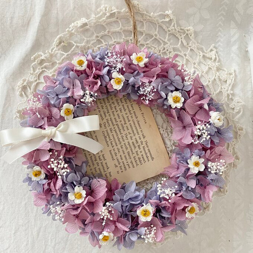 パープルアジサイリース（英字新聞を添えて） ドライフラワー hanayumo