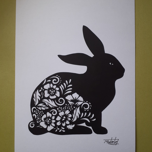 切り絵アート 花模様ラビット 切り絵 makochin 通販 16025812