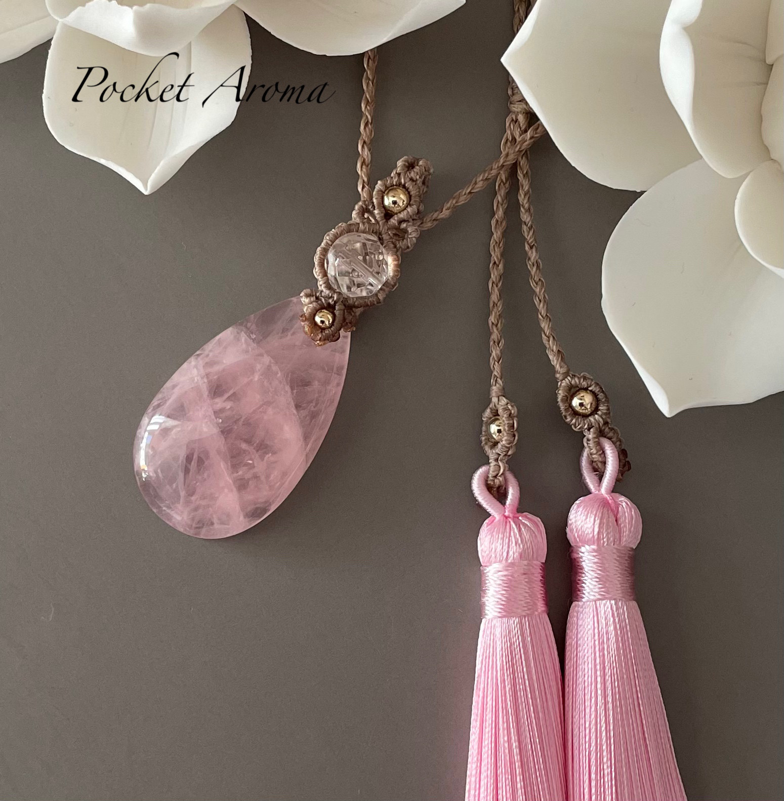 『姫』高品質ローズクォーツマクラメペンダントネックレス