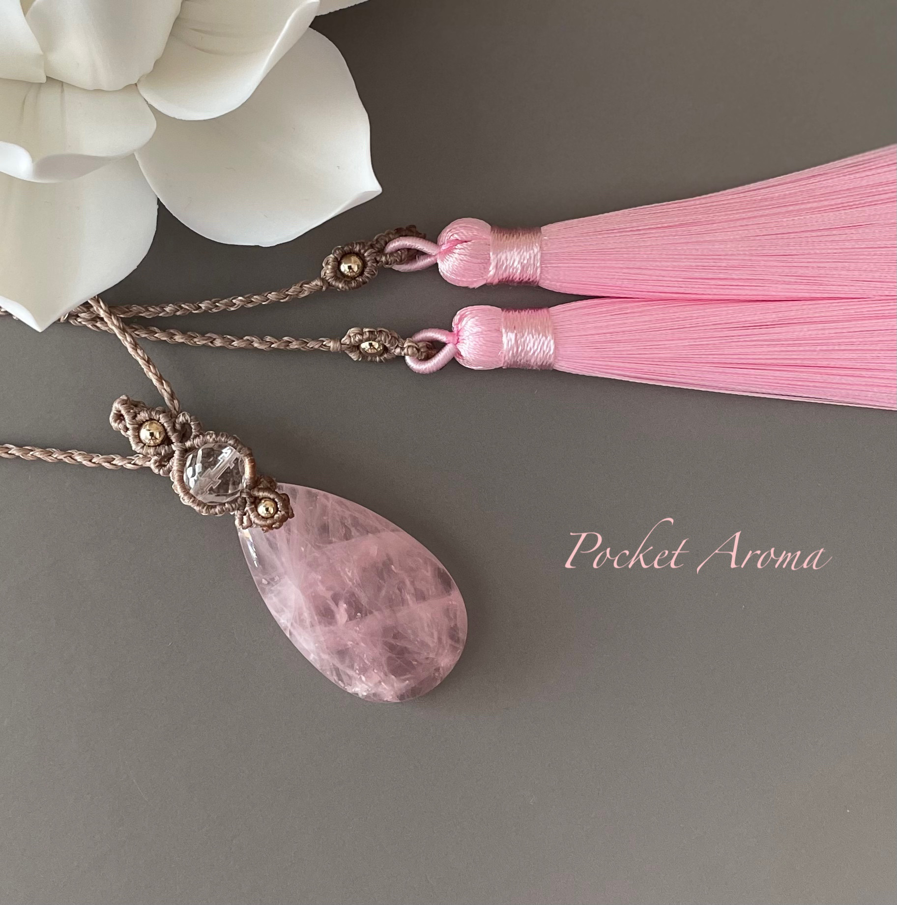 『姫』高品質ローズクォーツマクラメペンダントネックレス