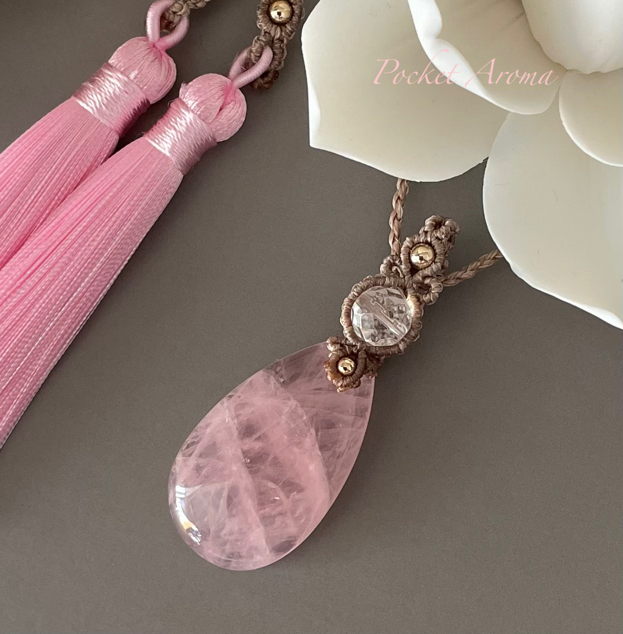 『姫』高品質ローズクォーツマクラメペンダントネックレス