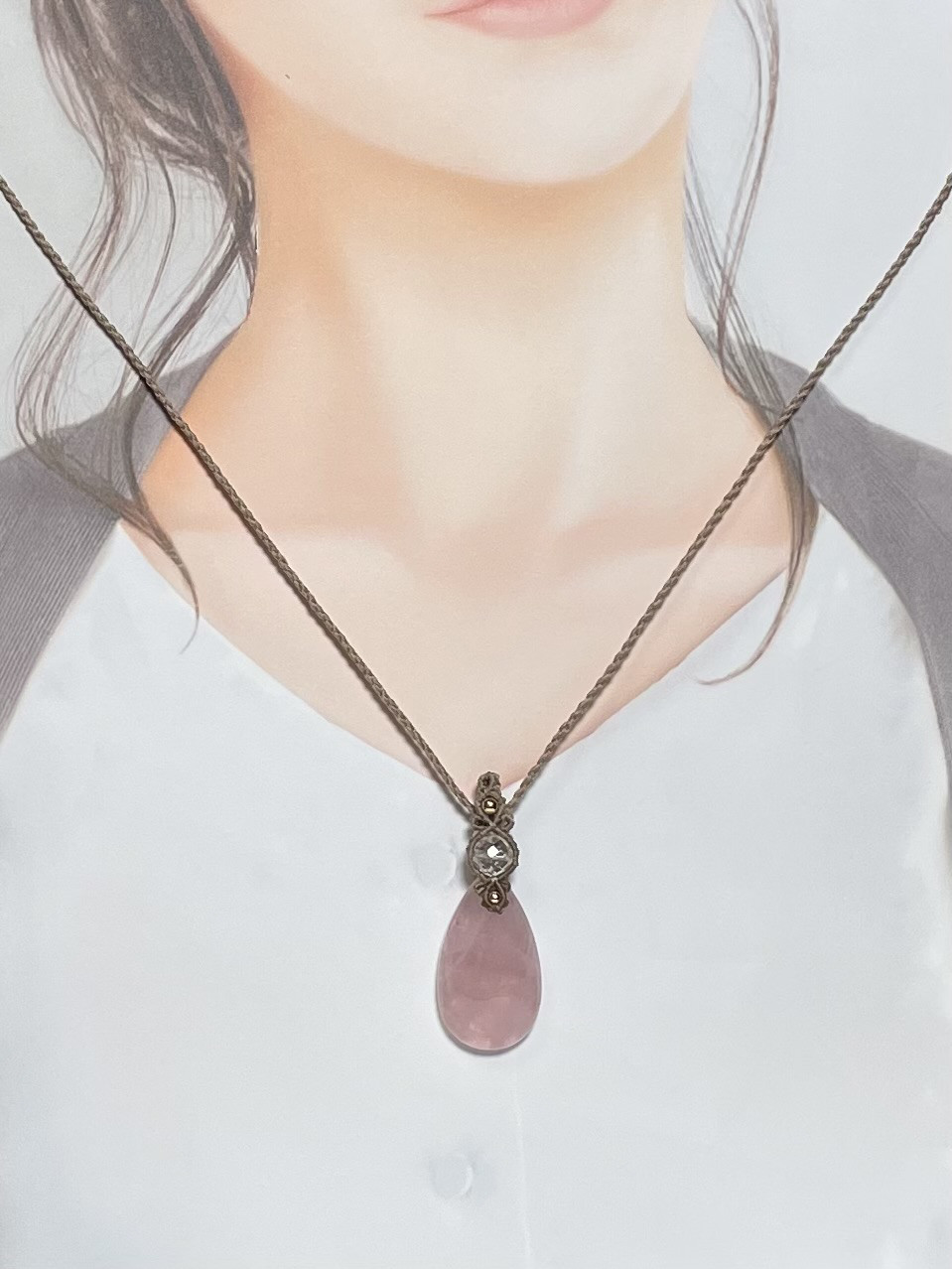 『姫』高品質ローズクォーツマクラメペンダントネックレス
