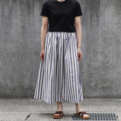 【即納】 播州織 綿麻 ロングスカート（ ストライプ ）総丈70cm リネン 麻 紺 ネイビー 2枚目の画像