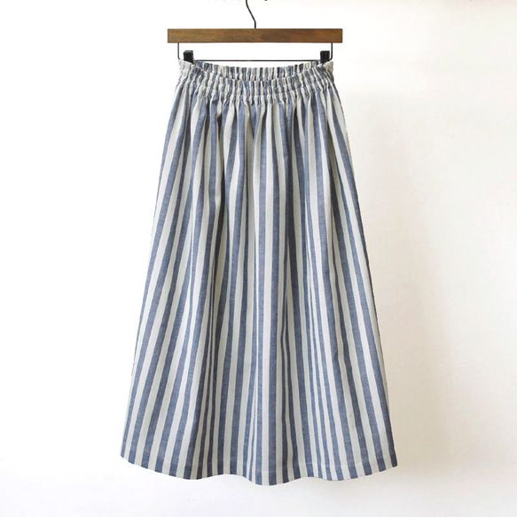 【即納】 播州織 綿麻 ロングスカート（ ストライプ ）総丈70cm リネン 麻 紺 ネイビー 1枚目の画像