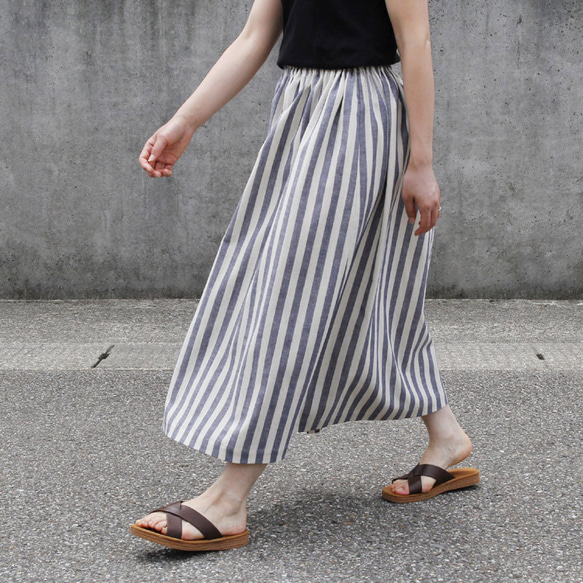 【即納】 播州織 綿麻 ロングスカート（ ストライプ ）総丈70cm リネン 麻 紺 ネイビー 4枚目の画像