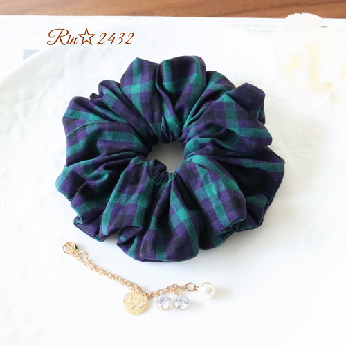 ハンドメイドシュシュM-2916♡グレージョーゼット♡インド刺繍リボン付