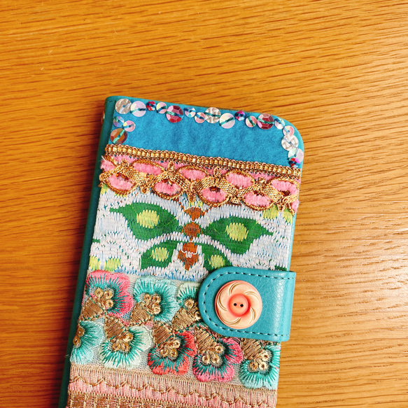 【ほぼ全機種対応】ピンク好きのためのターコイズブルー 手帳型iPhoneケース 手帳型スマホケース iPhone15 3枚目の画像
