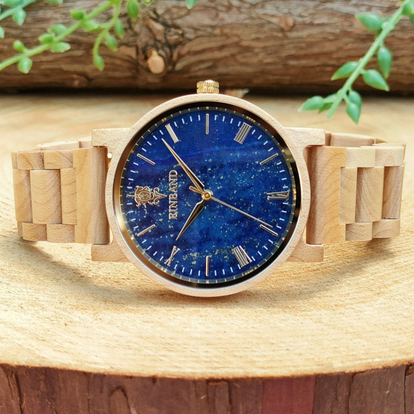 【木製腕時計】EINBAND Reise ラピスラズリ × メイプルウッド  木の時計 ウッド【40mm】 4枚目の画像