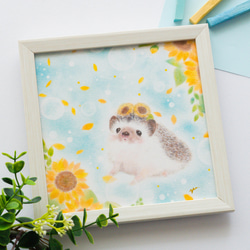 【複製画】「向日葵と可愛いハリネズミさん」　パステルアート　イラスト　かわいい　動物　花　ひまわり 1枚目の画像
