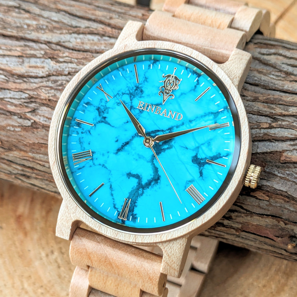 【木製腕時計】EINBAND Reise ターコイズ × メイプルウッド 木の時計 ウッド【40mm】 1枚目の画像