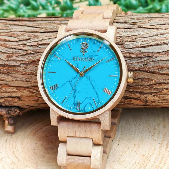 【木製腕時計】EINBAND Reise ターコイズ × メイプルウッド 木の時計 ウッド【40mm】 2枚目の画像