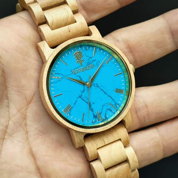 【木製腕時計】EINBAND Reise ターコイズ × メイプルウッド 木の時計 ウッド【40mm】 6枚目の画像