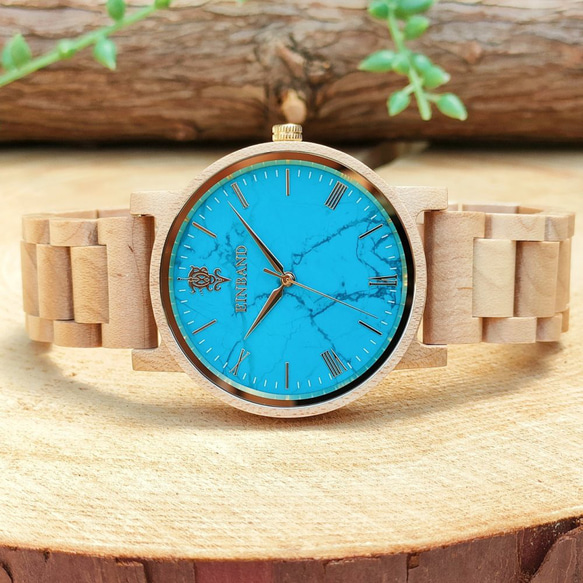 【木製腕時計】EINBAND Reise ターコイズ × メイプルウッド 木の時計 ウッド【40mm】 4枚目の画像