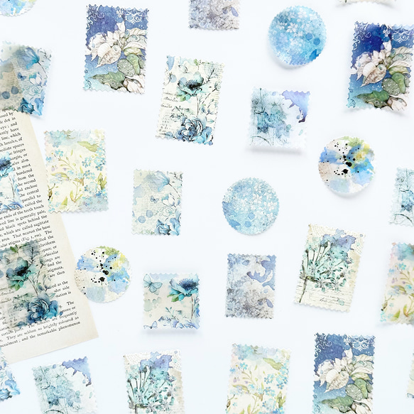 切手風　コラージュ素材　blue　30枚 1枚目の画像