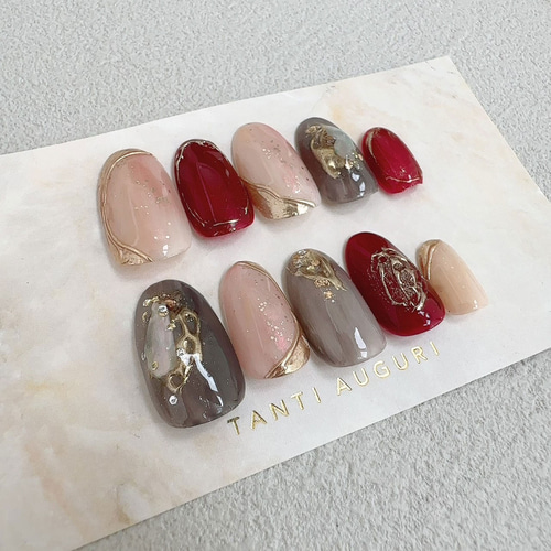 ニュアンスネイルチップ 赤 ピンク色 濃いグレー 3D ジェル 量産型