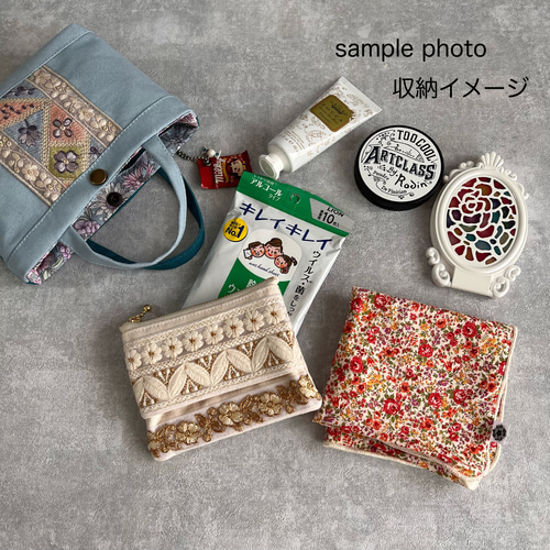バイカラー◇インド刺繍×帆布◇持ち手付きポーチ/マルチケース.バッグ 