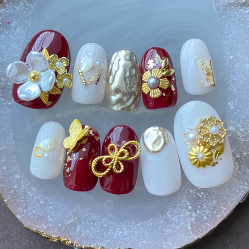 成人式ネイル ボルドー 振袖 / 和装ネイル お花 赤 水引 金箔 蝶々  
