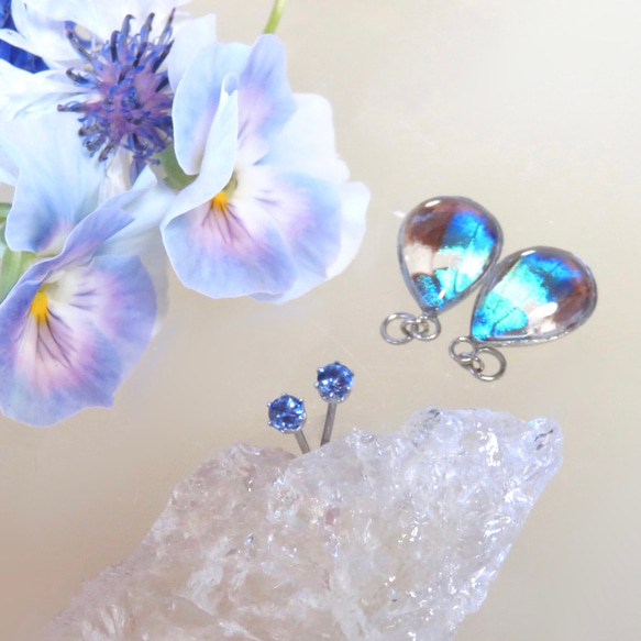 コムラサキ蝶の羽根とタンザナイトの宝石ピアス／2way-316L 9枚目の画像