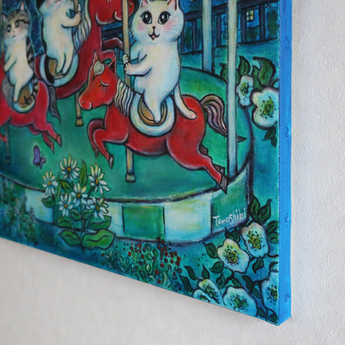 絵画　猫 原画：宙を歩く～光を知った猫～（サイズ：F8号（額縁含む 横450mm×縦