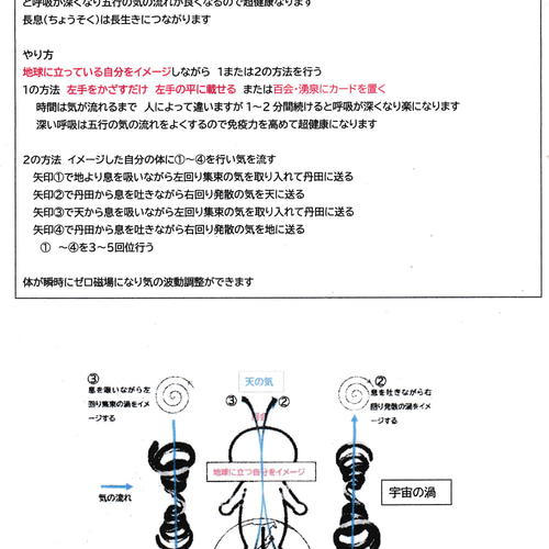 天地呼吸法気功カード2枚と渦カード1枚(百会 湧泉にかざす)呼吸が深く