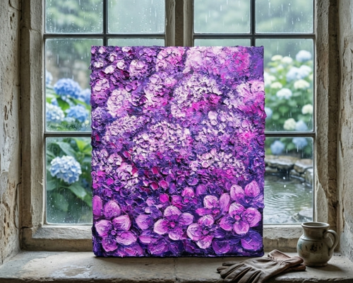 紫陽花 ハンドメイド絵画【永遠に咲く雨の宝石】油絵 原画 初夏