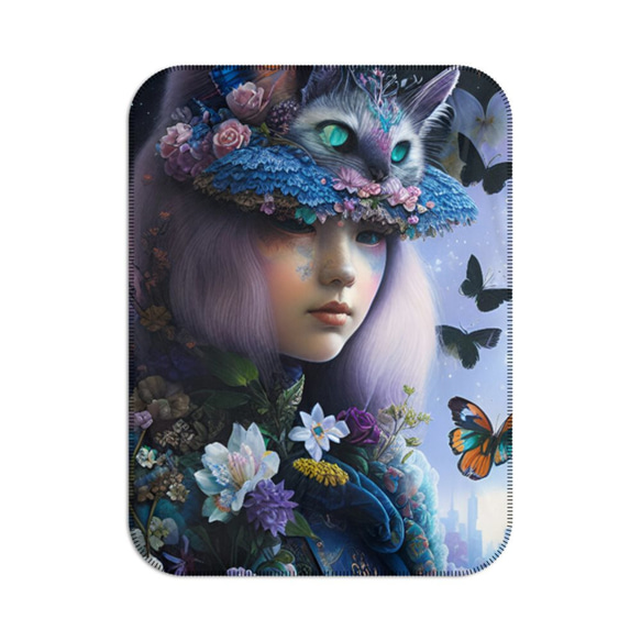 幻想的でシックできらびやかな猫の帽子がゆめかわいい魔女と蝶や花 サマーブランケット ひざ掛け 1枚目の画像