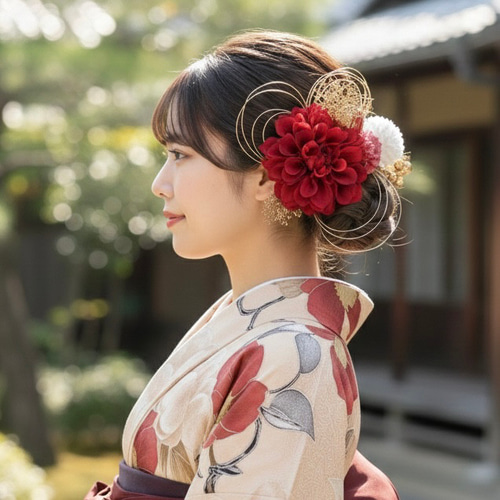 深紅ダリアの髪飾り 結婚式 成人式 花嫁 和装 振袖 卒業式 白無垢 色打