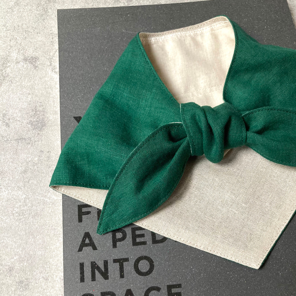 ＜保冷剤が入るリネンスカーフ＞日本製リネン・グリーン　ネッククーラー　バイカラー　日除け 2枚目の画像