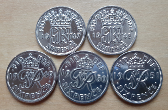 1947～1951年 アンティーク イギリス 英国 ラッキー6ペンスコイン 5枚セット 本物 ブリティッシュ 1枚目の画像