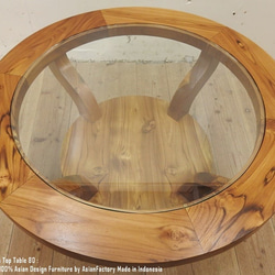 チーク無垢材 アジアン家具 ガラストップテーブル ラウンド 80cm ナチュラルブラウン ラウンドテーブル 木製 飾り棚 2枚目の画像